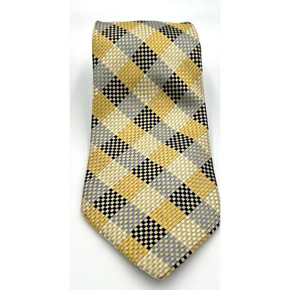 Carlo Palazzi Studio 100% Silk Wide Made USA Mens Necktie Gold Blue Plaid 4W 60L - Picture 1 of 6